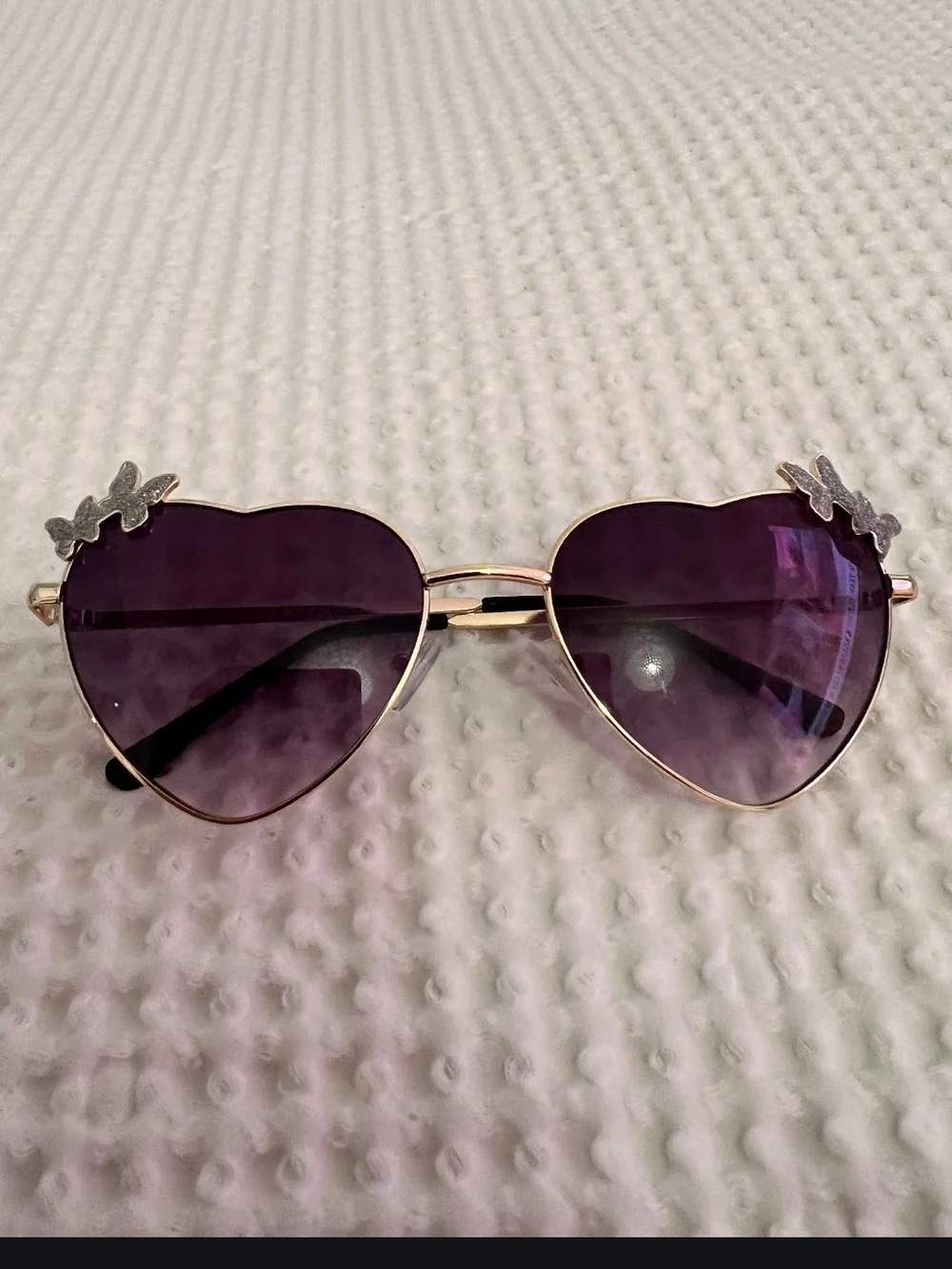 Rainbow Purple Heart Sunglasses with Gold Frame and Silver Accents